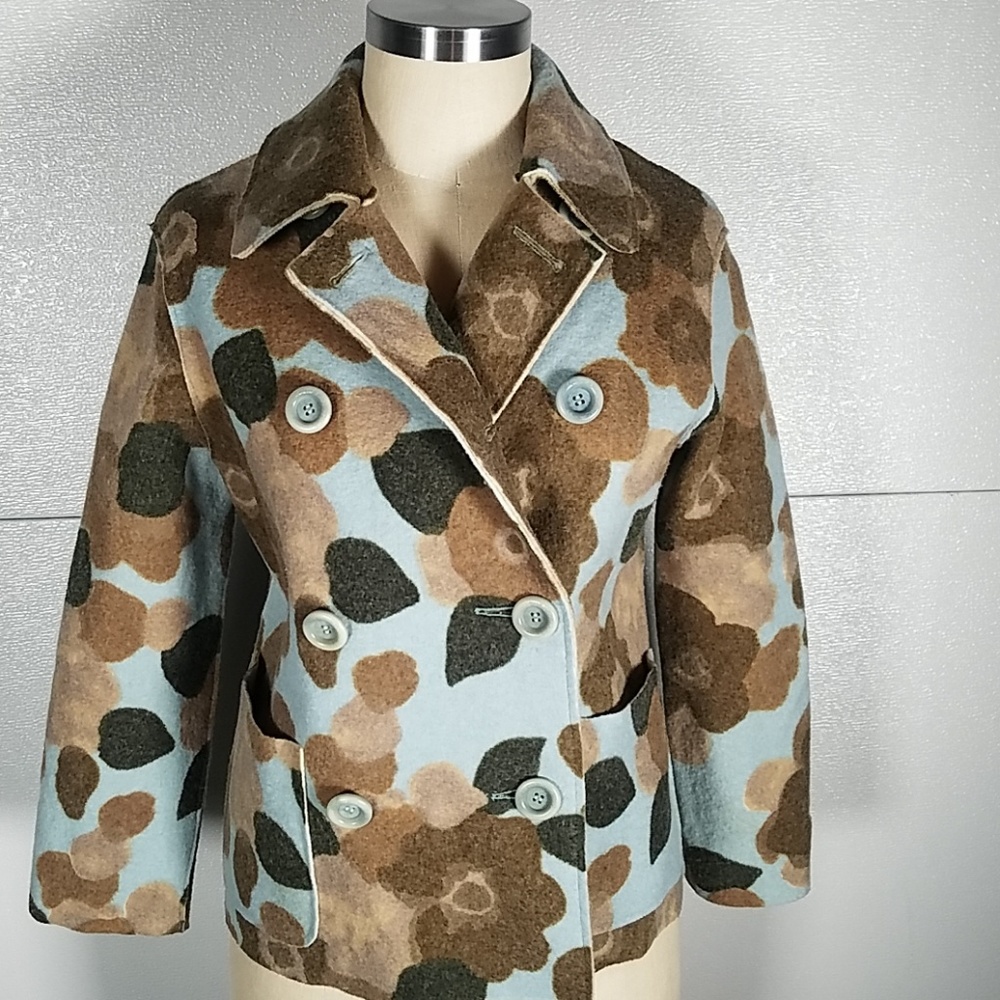 Moschino Felted Blue Brown Wool Flower Peacoat 10
